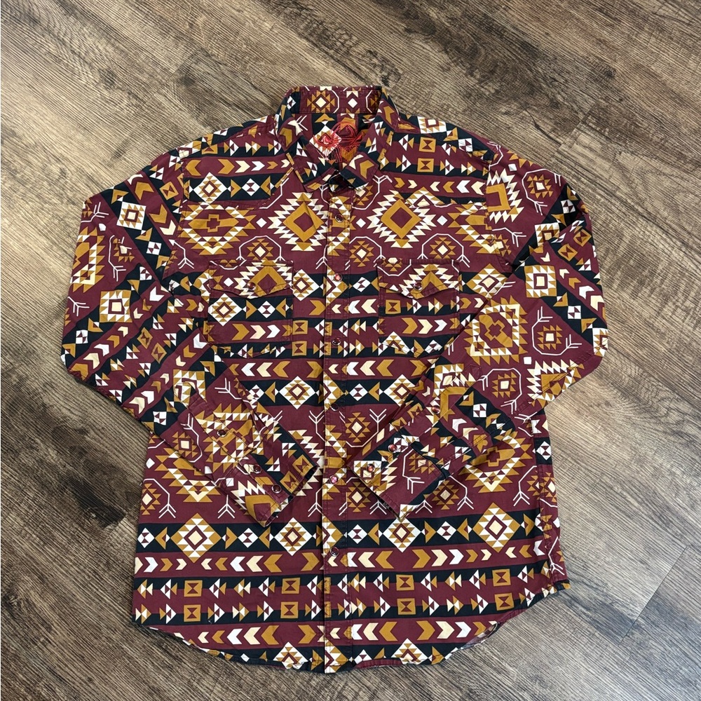 Montero Aztec Pearl Snap Shirt Size XL Red Geometric Tribal Southwestern Cowboy